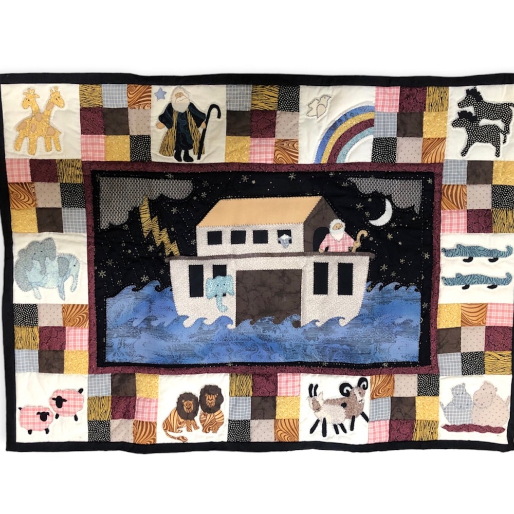 Vintage 90’s Hand Stitched Noah’s Ark Tapestry Wall Hanging Signed